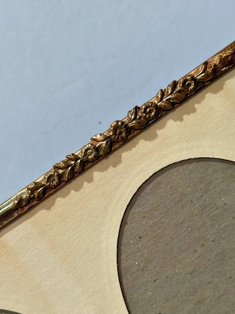 Vintage Brass Tone Embossed Ornate Flower Design Matted Triple Picture Frame